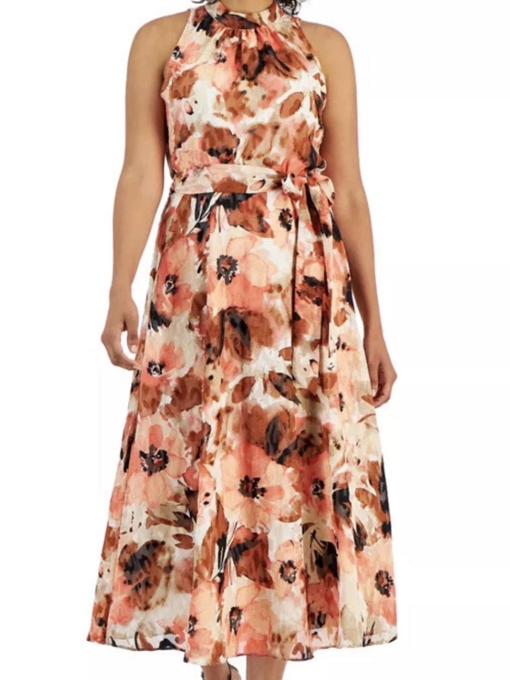 Anne Klein Sleeveless Halter Midi Dress in Peach Floral